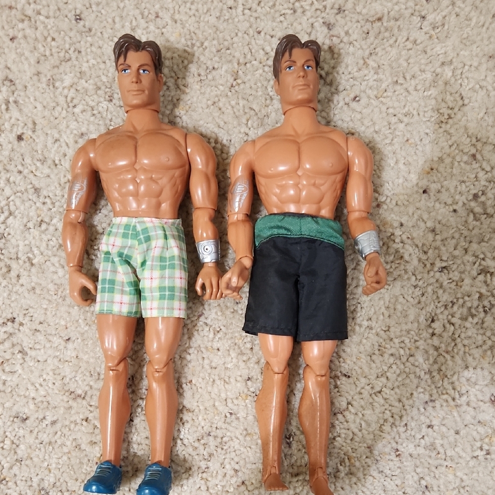 Set of 2 Max Steel 1998 Dolls in Swimwear - Green Plaid & Black Shorts